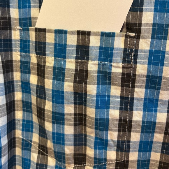 Eddie Bauer Black Turquoise and White Plaid Short Sleeve Button Front Size T2XL - Picture 3 of 9